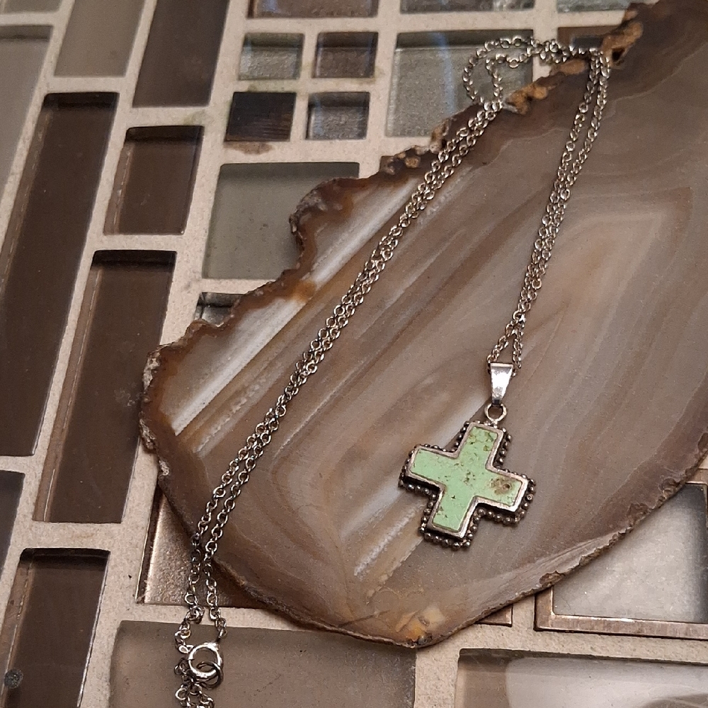 Vintage Silver and Green Cross Necklace